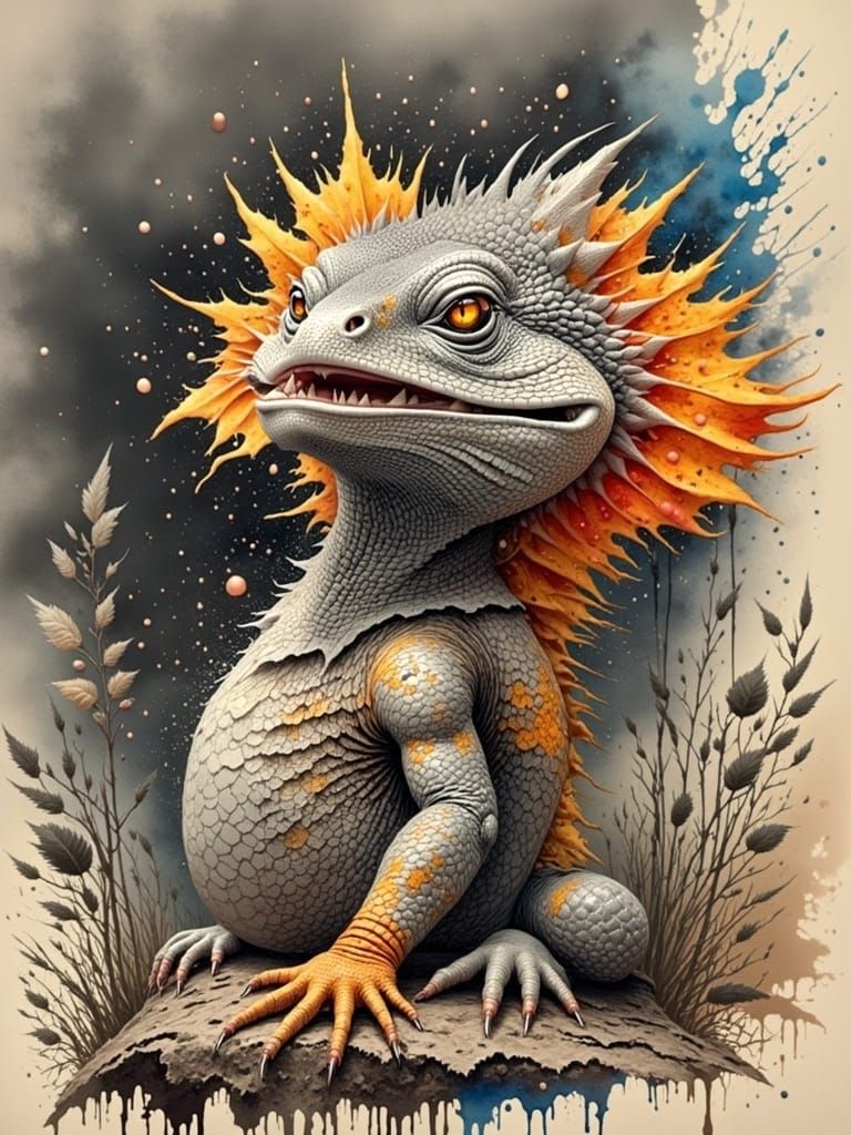 Hyper-Realistic Australian Frilled Lizard in Watercolor-Insp...