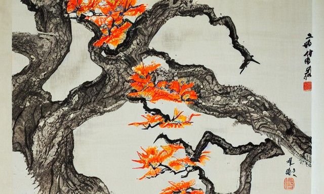 Ancient Locust Tree in Ink Wash Painting