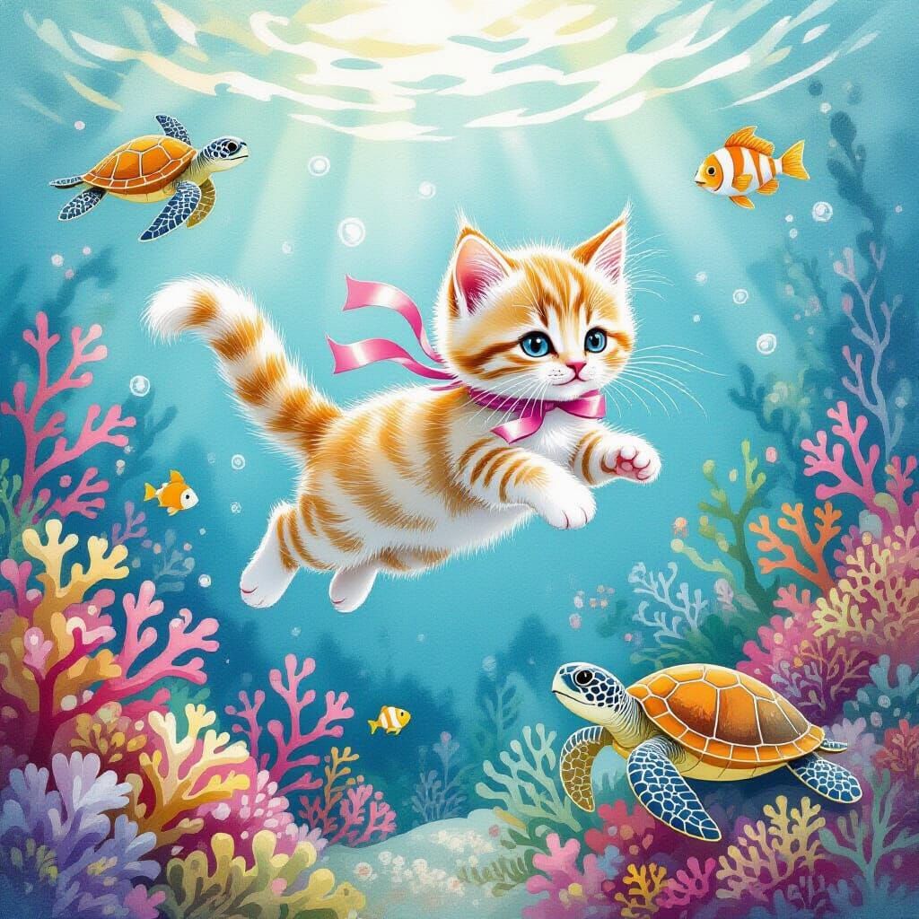 Whimsical Ribbon-Kitten in Dreamlike Underwater World