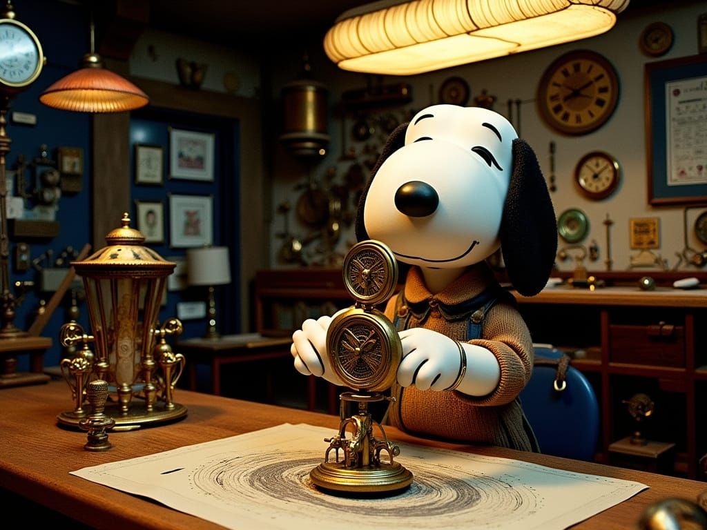 Snoopy as a steampunk artificer, tinkering with clockwork gadgets in his workshop.
