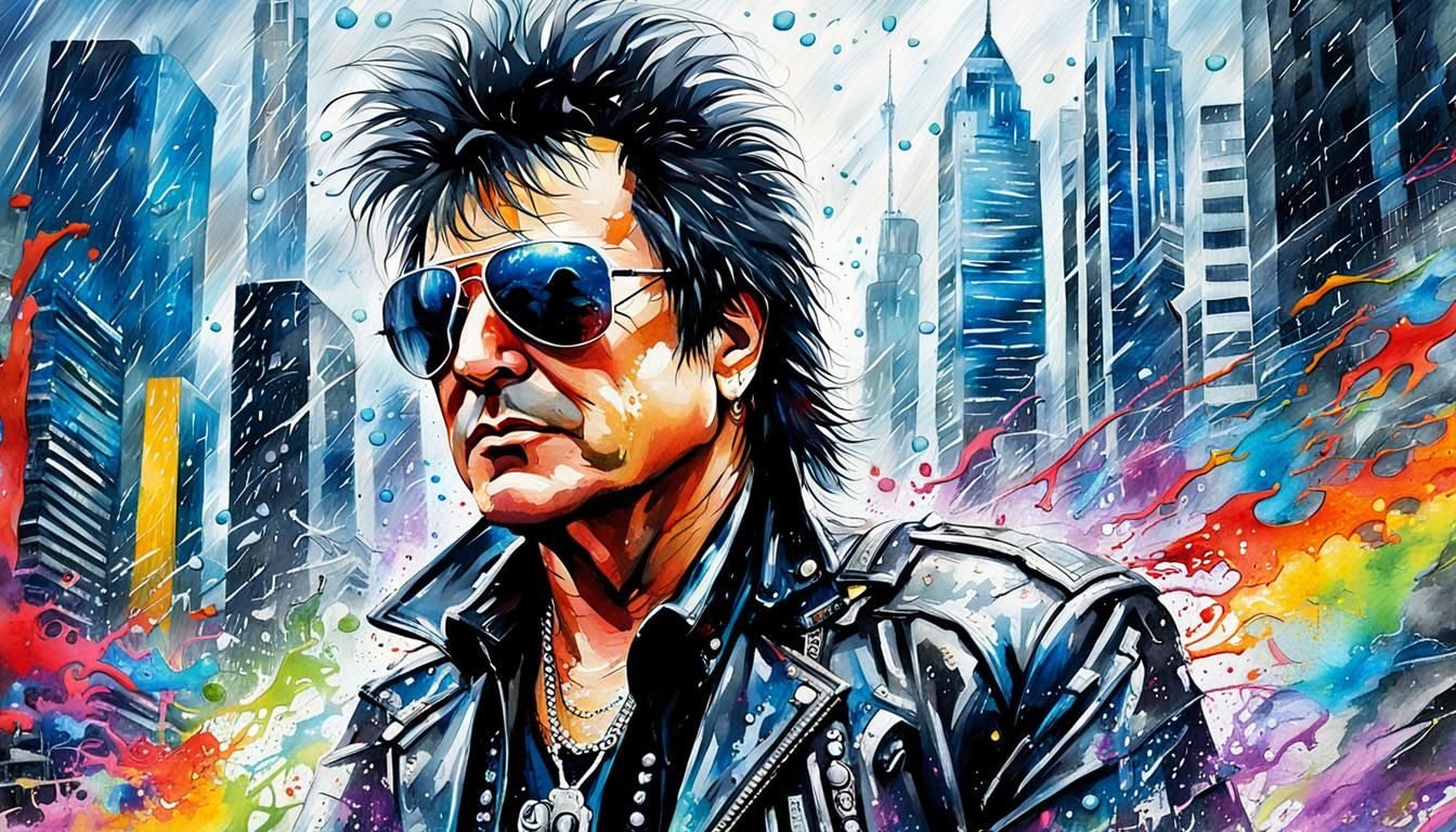 Guitarist in Metropolis: Watercolor Pop-Art Portrait