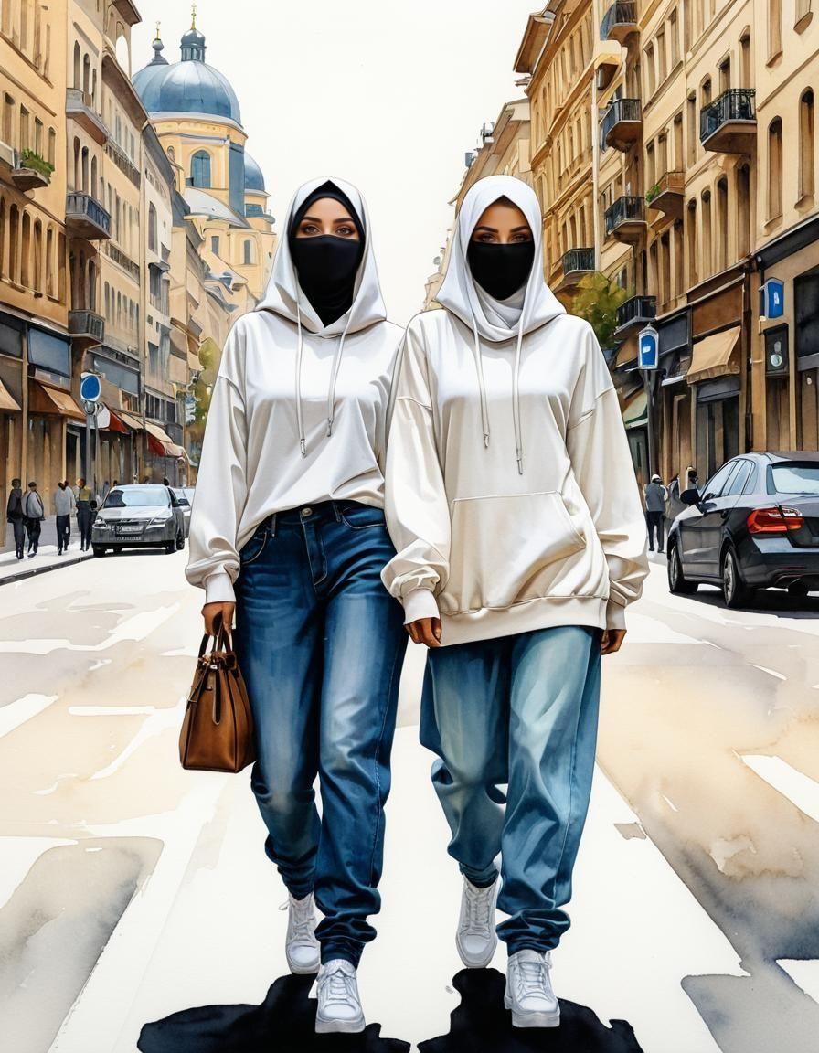Watercolor Painting of Two Niqabi Girls in City