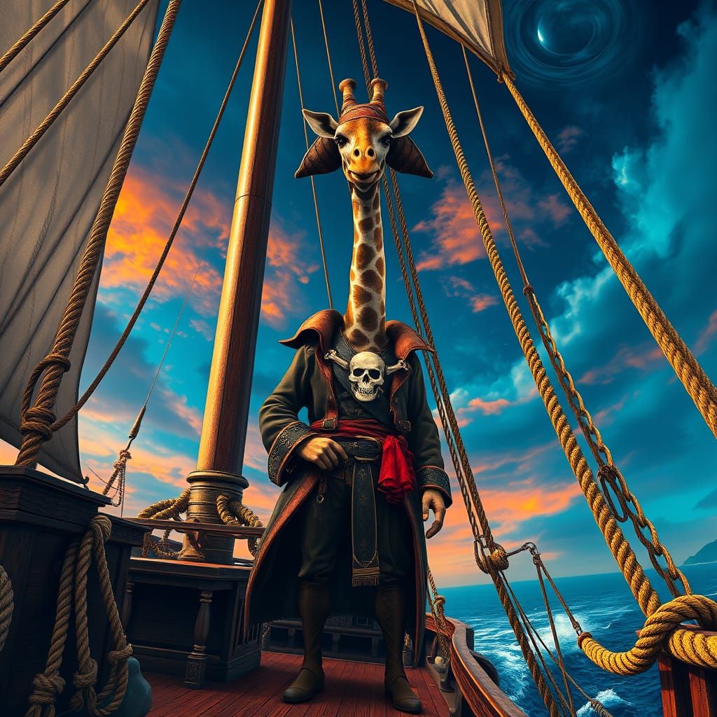 Giraffe Pirate Captain on Deck in Matte Painting Style