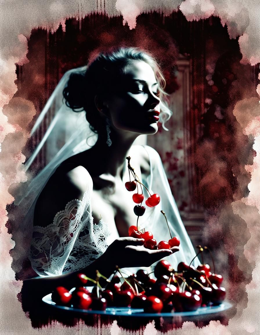 Woman's Cherries and City Memories: Double Exposure Photo
