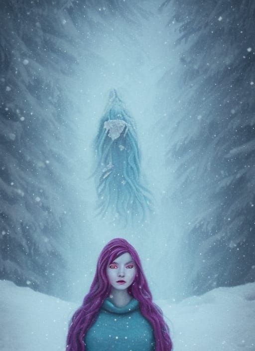 Snow Queen with Blue Hair in Winter Landscape