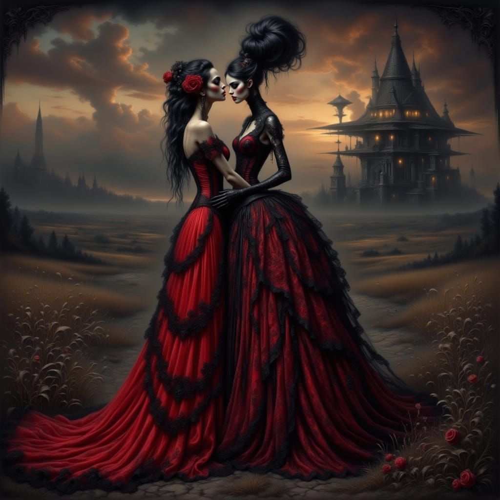 Goth Baroque Lady Embraces Alien in Romantic Scene
