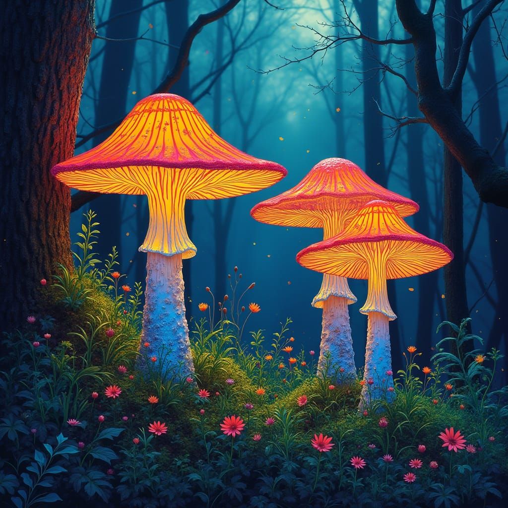 Vibrant Mushrooms Thrive in an Enchanted Emerald Forest