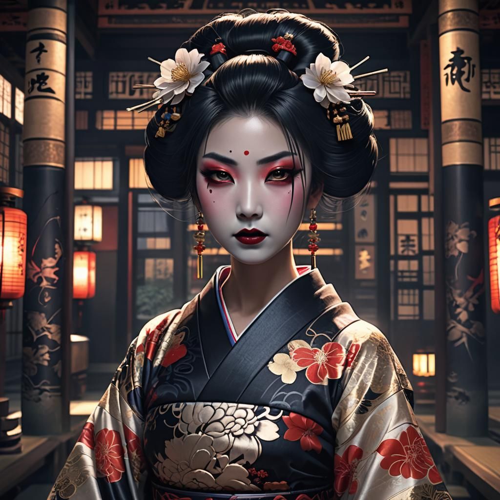 Gothic Geisha in Dimly Lit Temple: Anime 3D Art