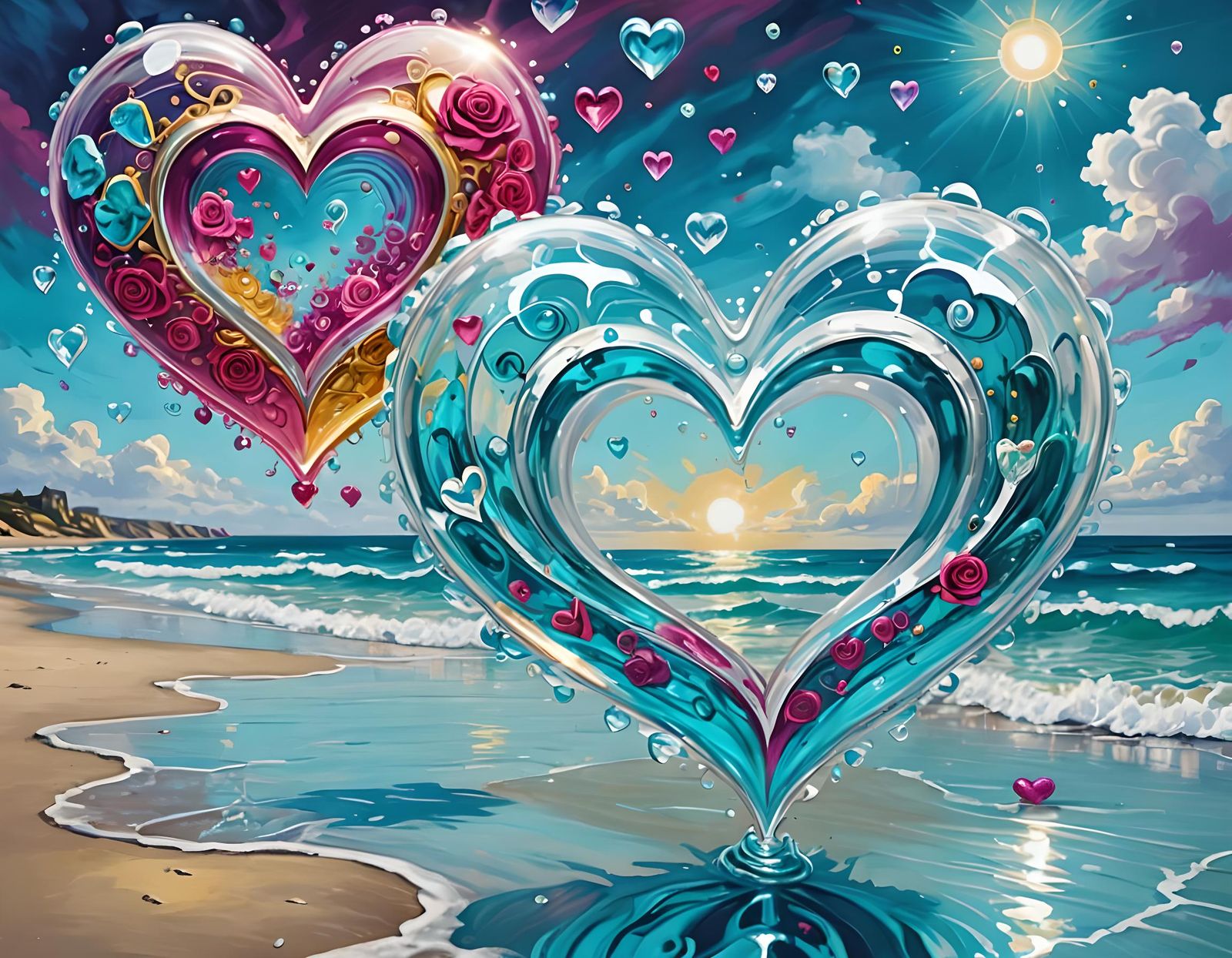 Roses Inside Crystal Hearts: Art Deco Style