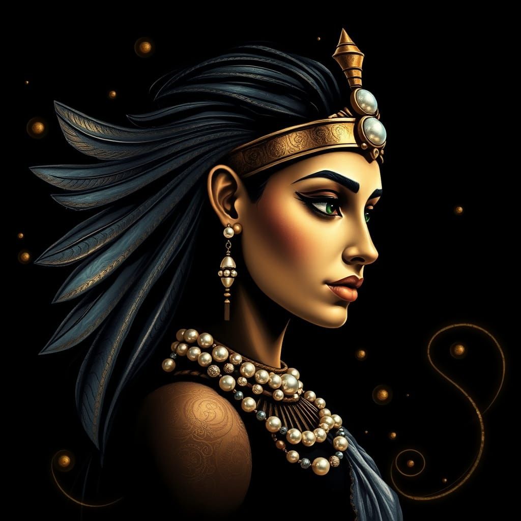 Surreal Egyptian Girl Drawing with Iridescent Pearls