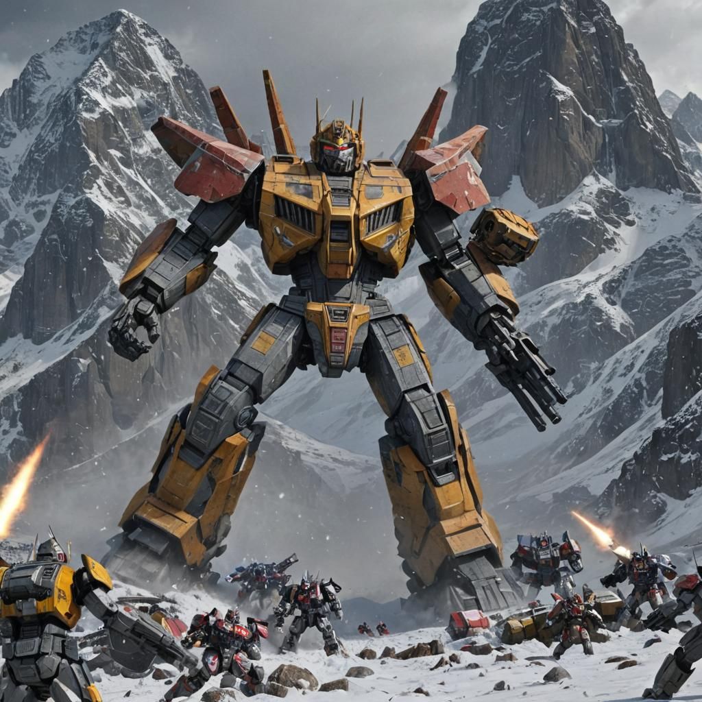 Epic Robot Battle in Snowy Mountains, Animated Style