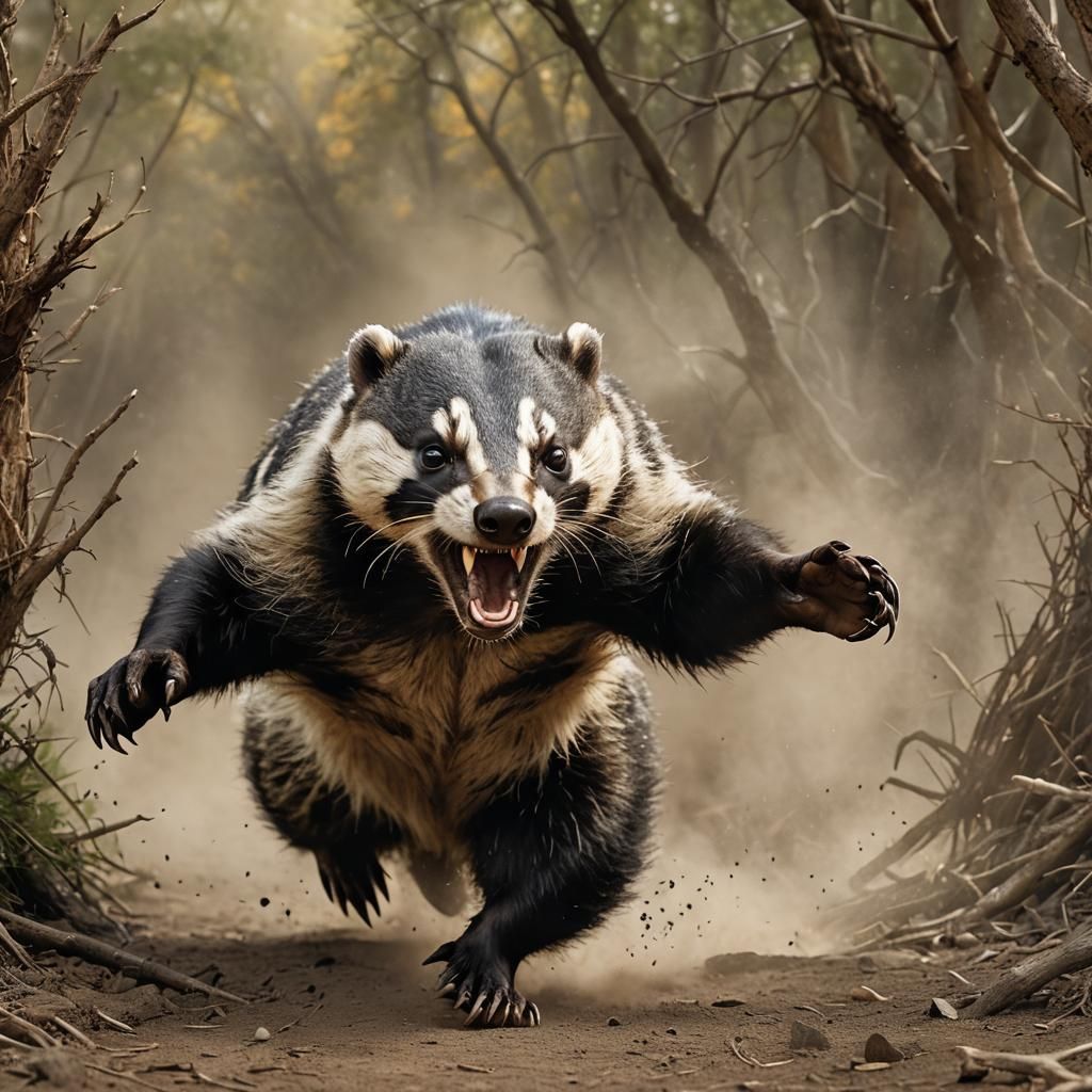 An intense, hyper-realistic image of a powerful badger, captured in mid-roar, with fierce eyes. The badger is lunging fo...