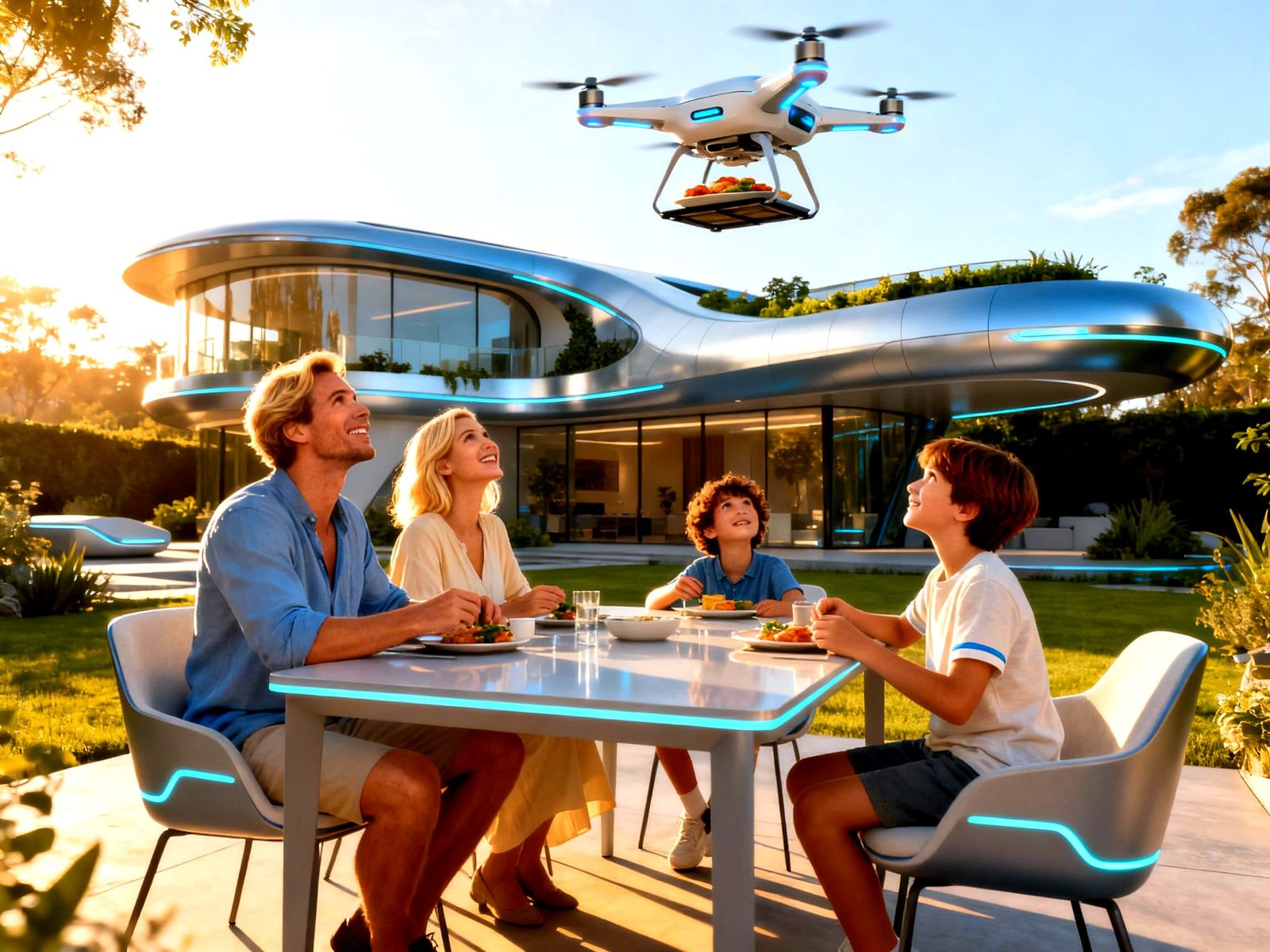 Futuristic Family Enjoying Drone Delivery in 2050