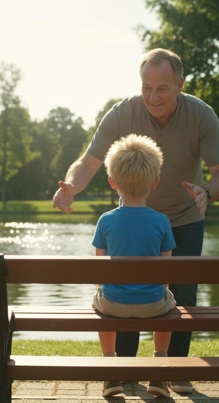 Nostalgic Father-Son Moment by a Pond