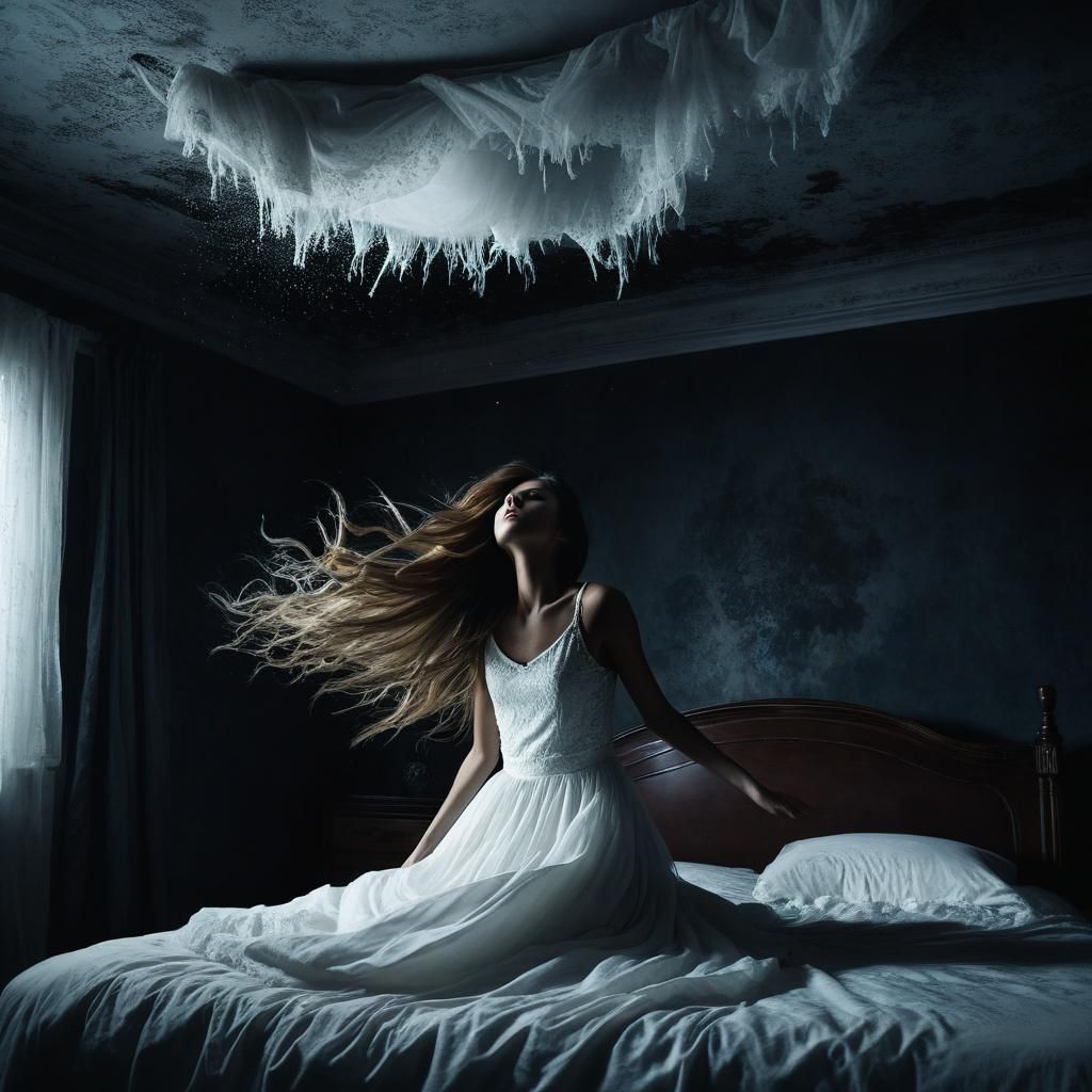 Woman Levitating in Dark Room: Paranormal Scene