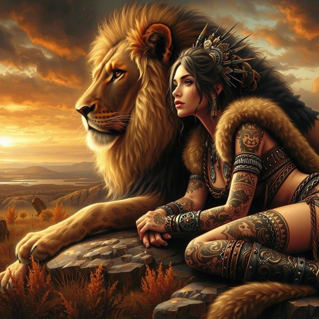 Regal Huntress and Majestic Lion: Intimate Portrait in Oil