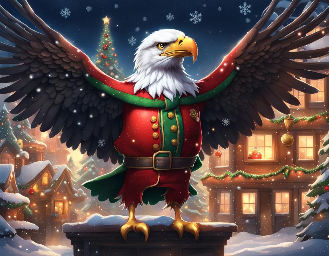 Festive Eagle in Santa Outfit: Anime Style