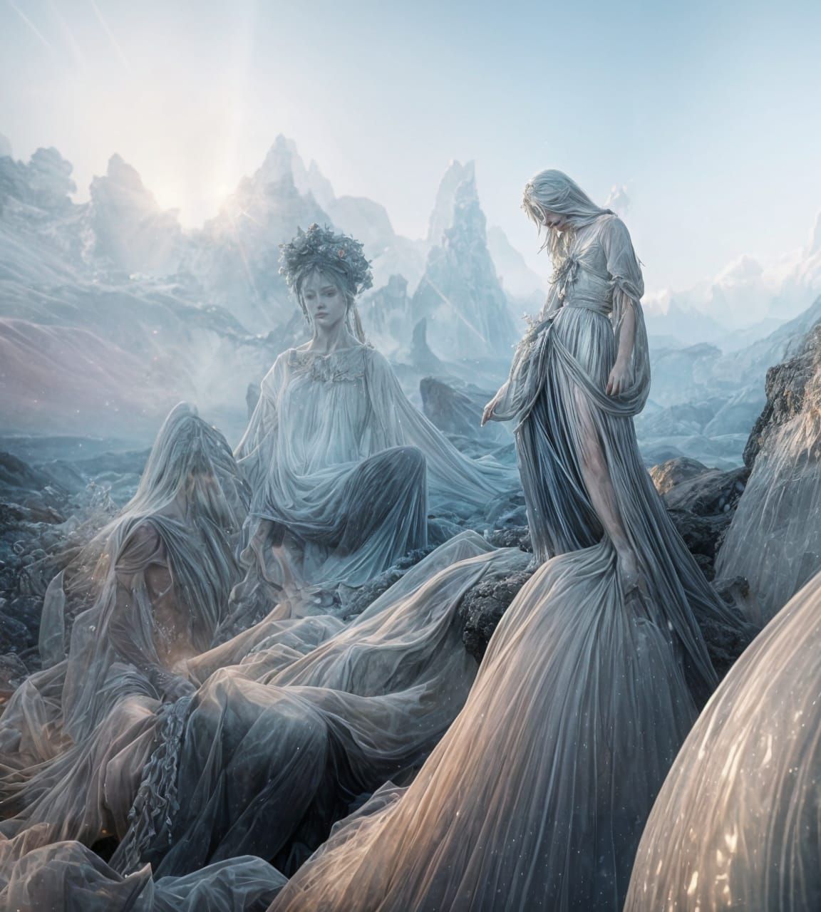 Opalescent Figures in Mist: Surrealist Stone Inlay Art