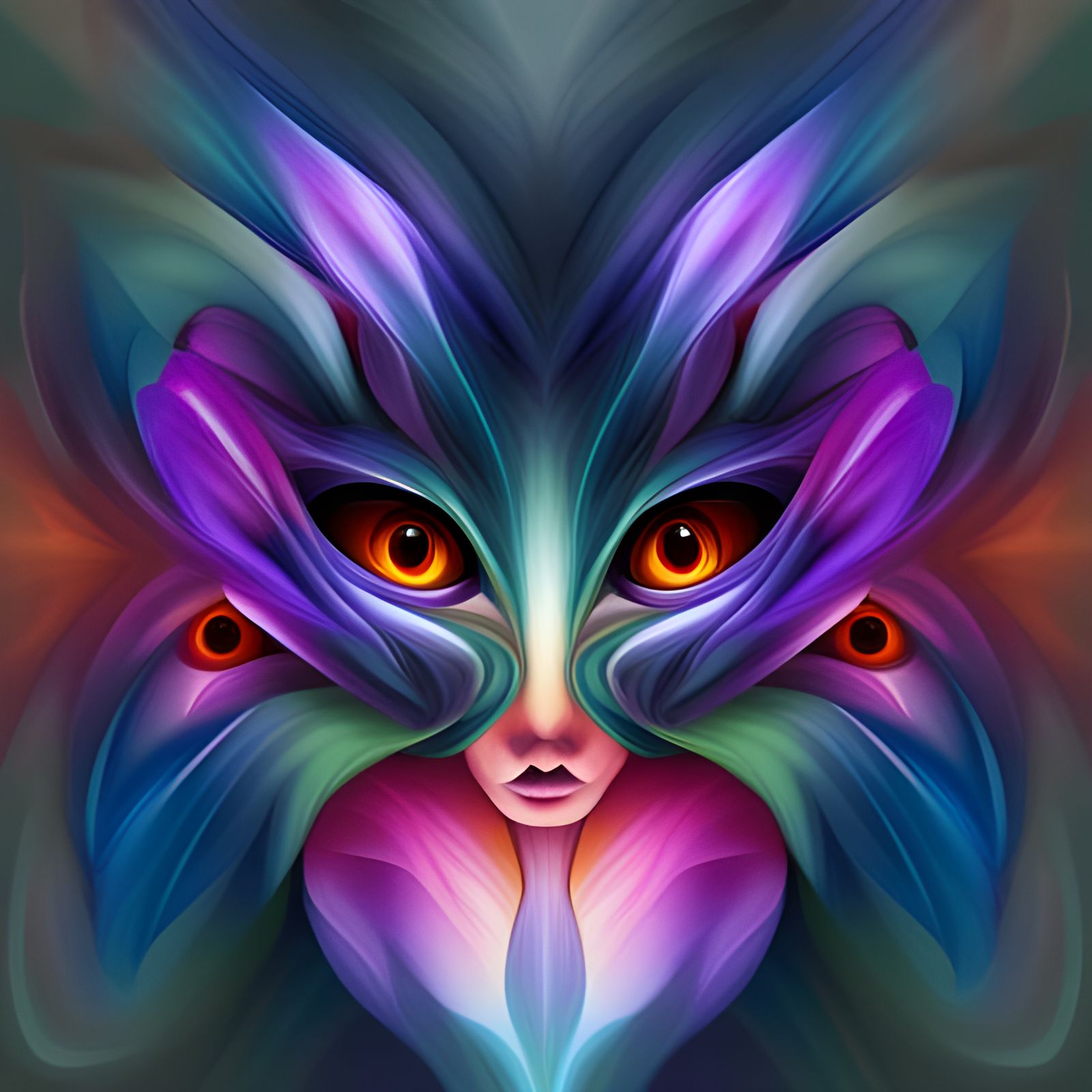 Symmetrical Alien Flower Spirit Face in Fiery Hues