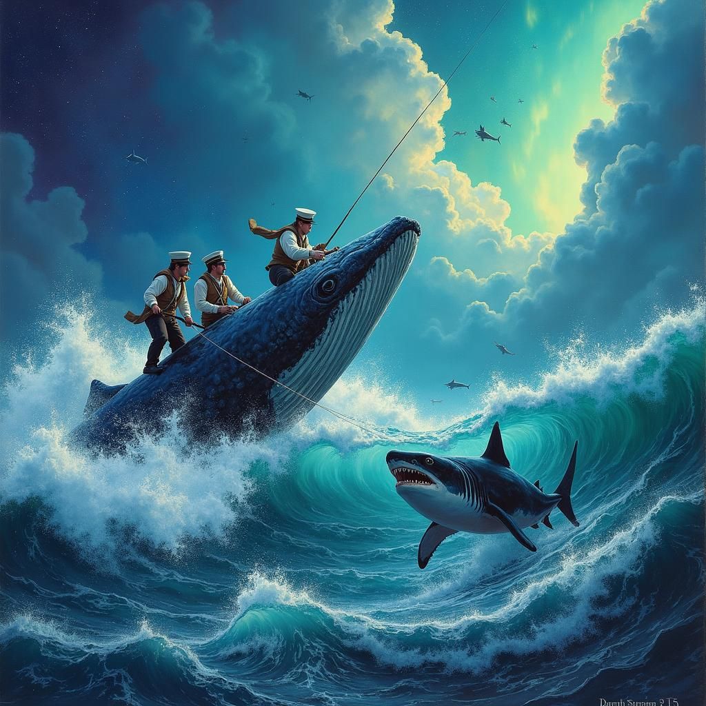 Sailors Battle Whale and Shark in Psychedelic Waterscape