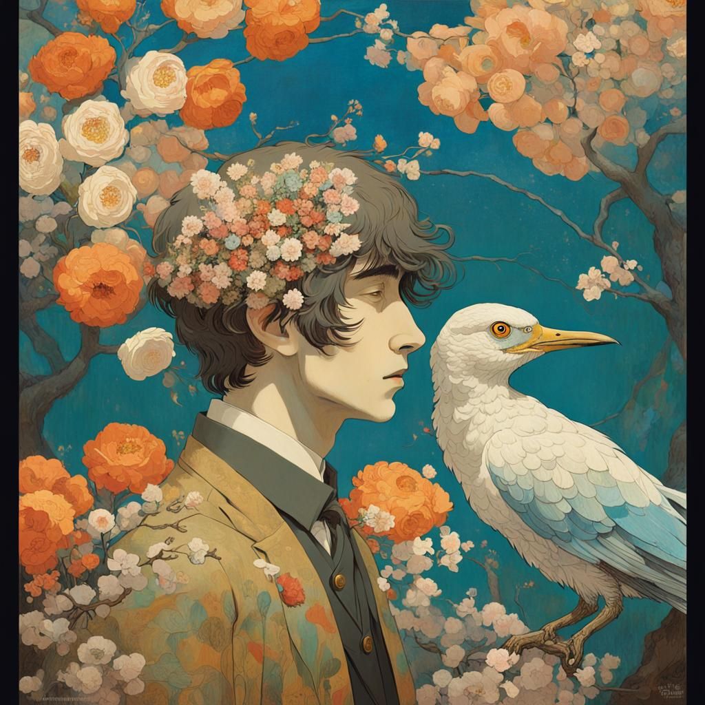 Surreal Bird-Man in Blossoming Shin Hanga Style