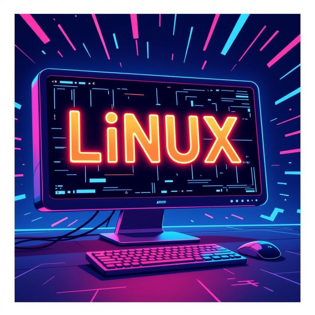 Futuristic Computer Displaying Linux in Cartoon Style