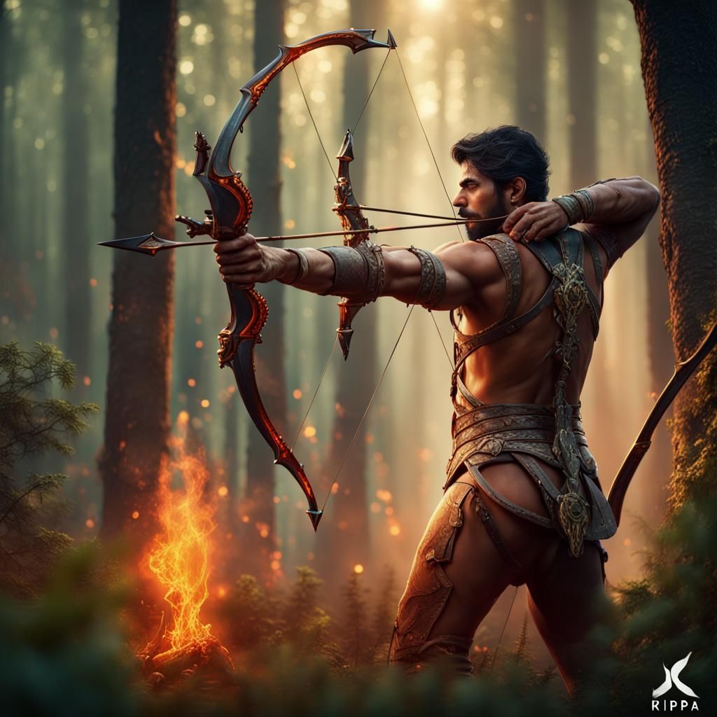 Archer Shooting Burning Arrow in Deep Forest