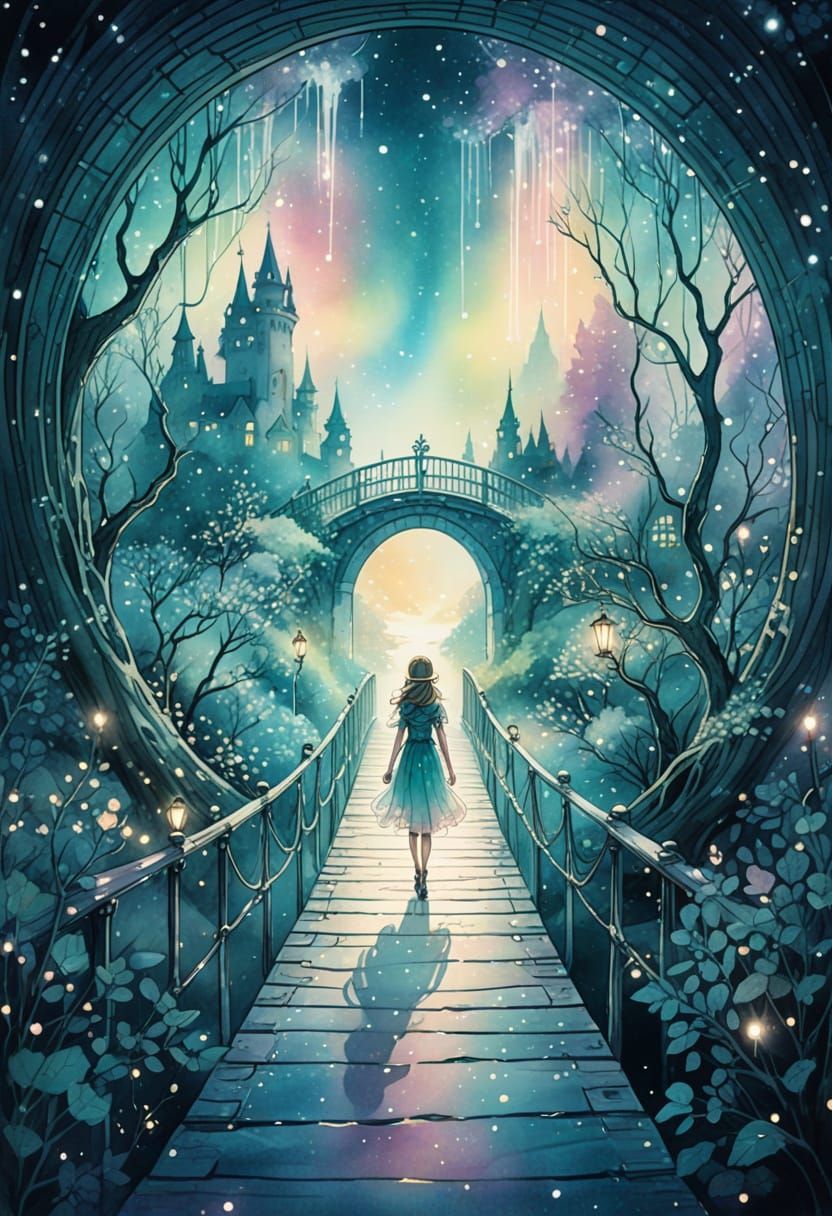 Magical Bridge to Mystical Realm: Ink and Watercolor