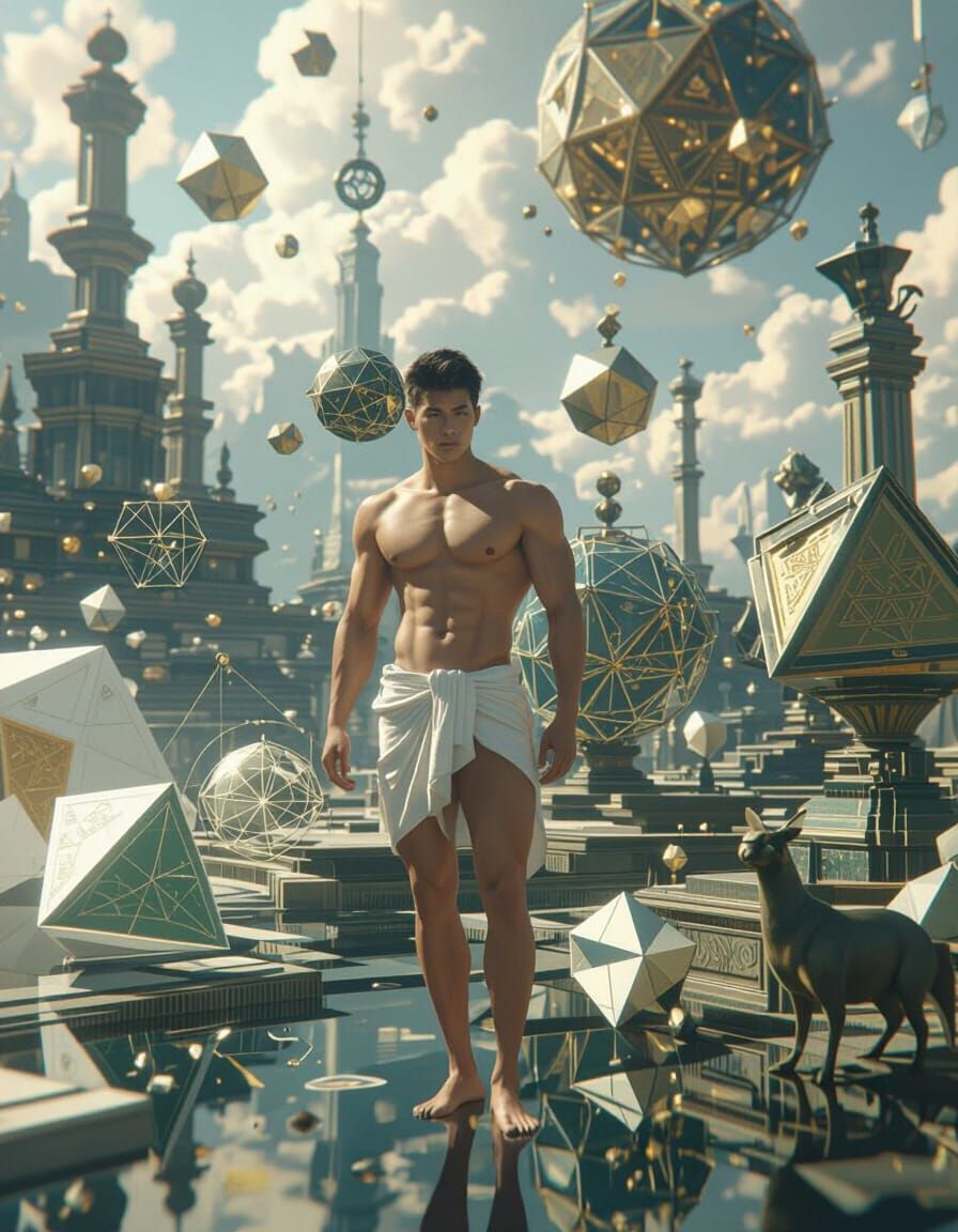 Shirtless Asian Man in Surreal Mathematical Paradise