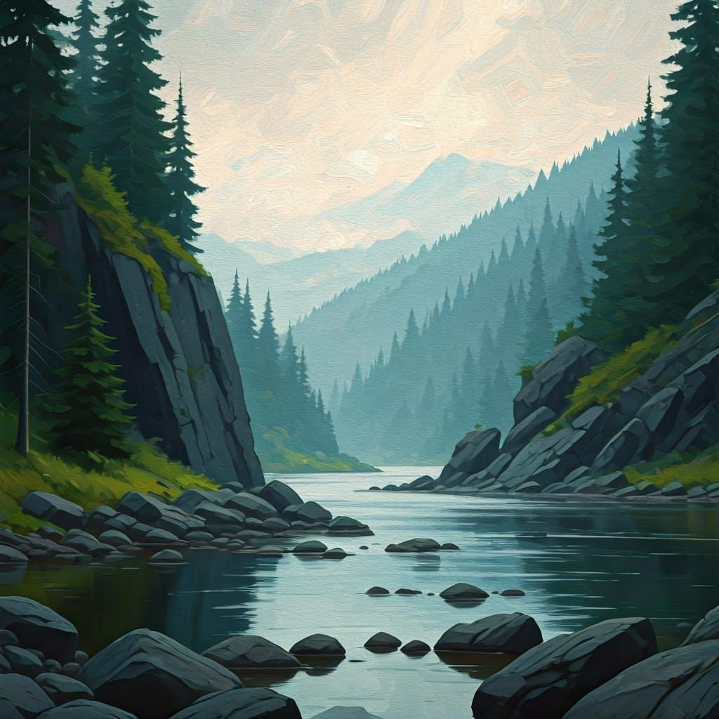 Majestic River Landscape in Impressionist Style