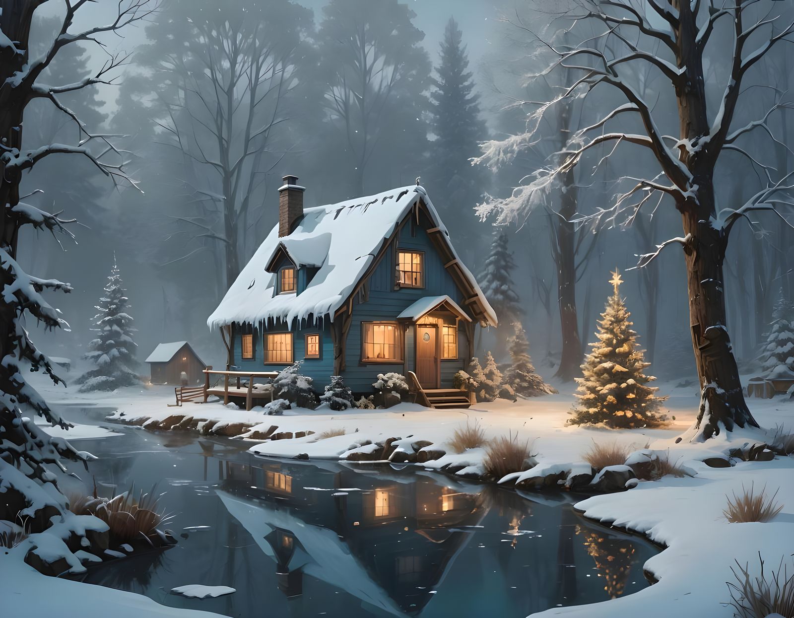 Winter Cottage with Christmas Tree in Fantasy Style