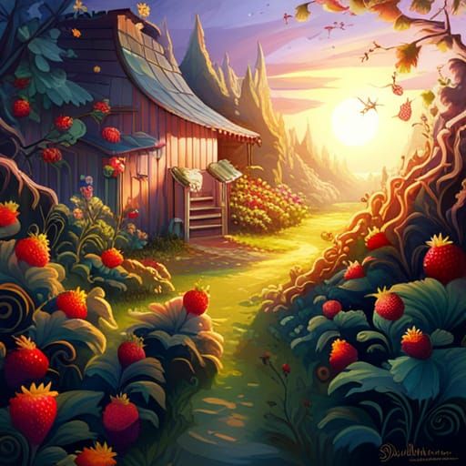 Strawberry Garden Fantasy Illustration in Watercolor