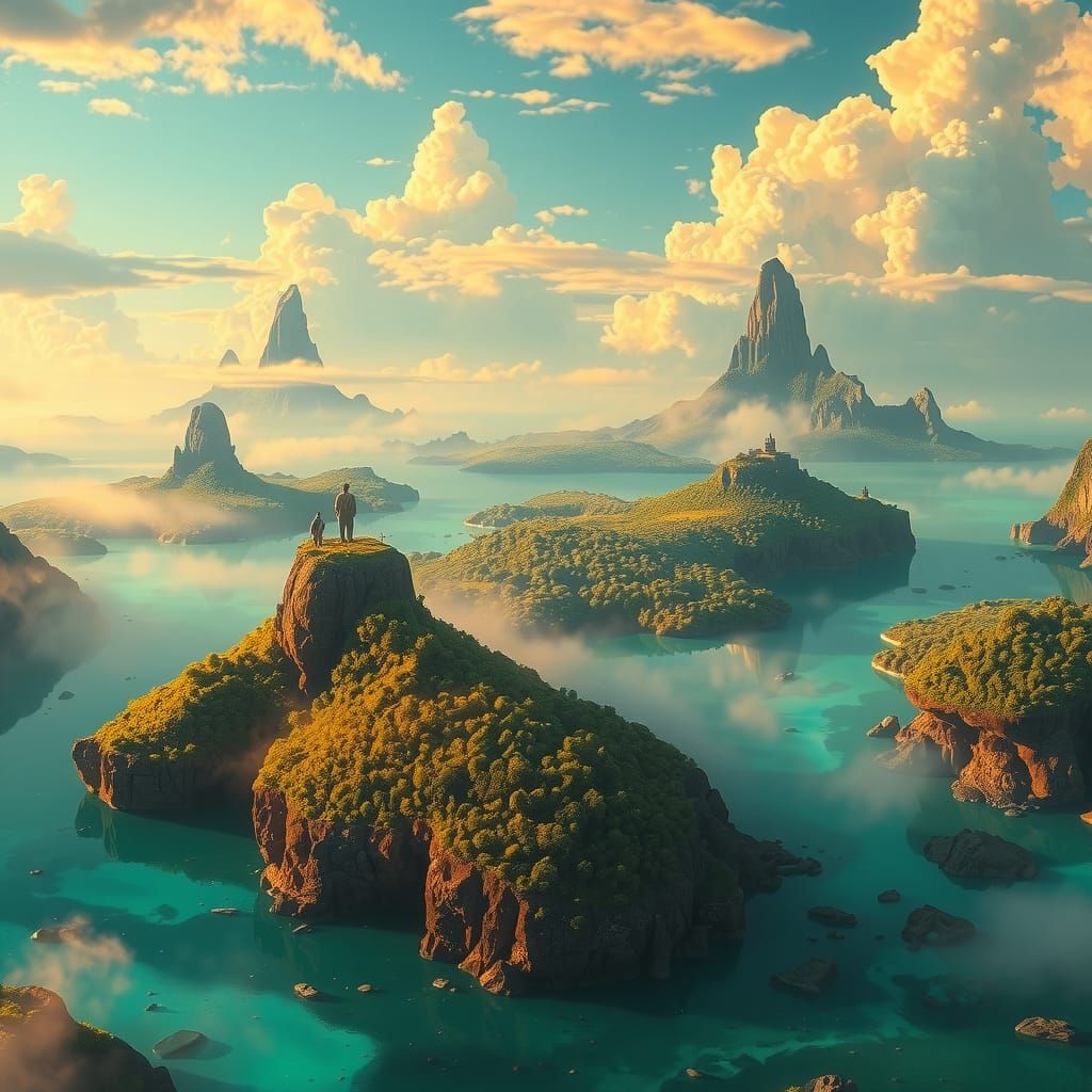 Misty Islandscapes in Emerald and Gold