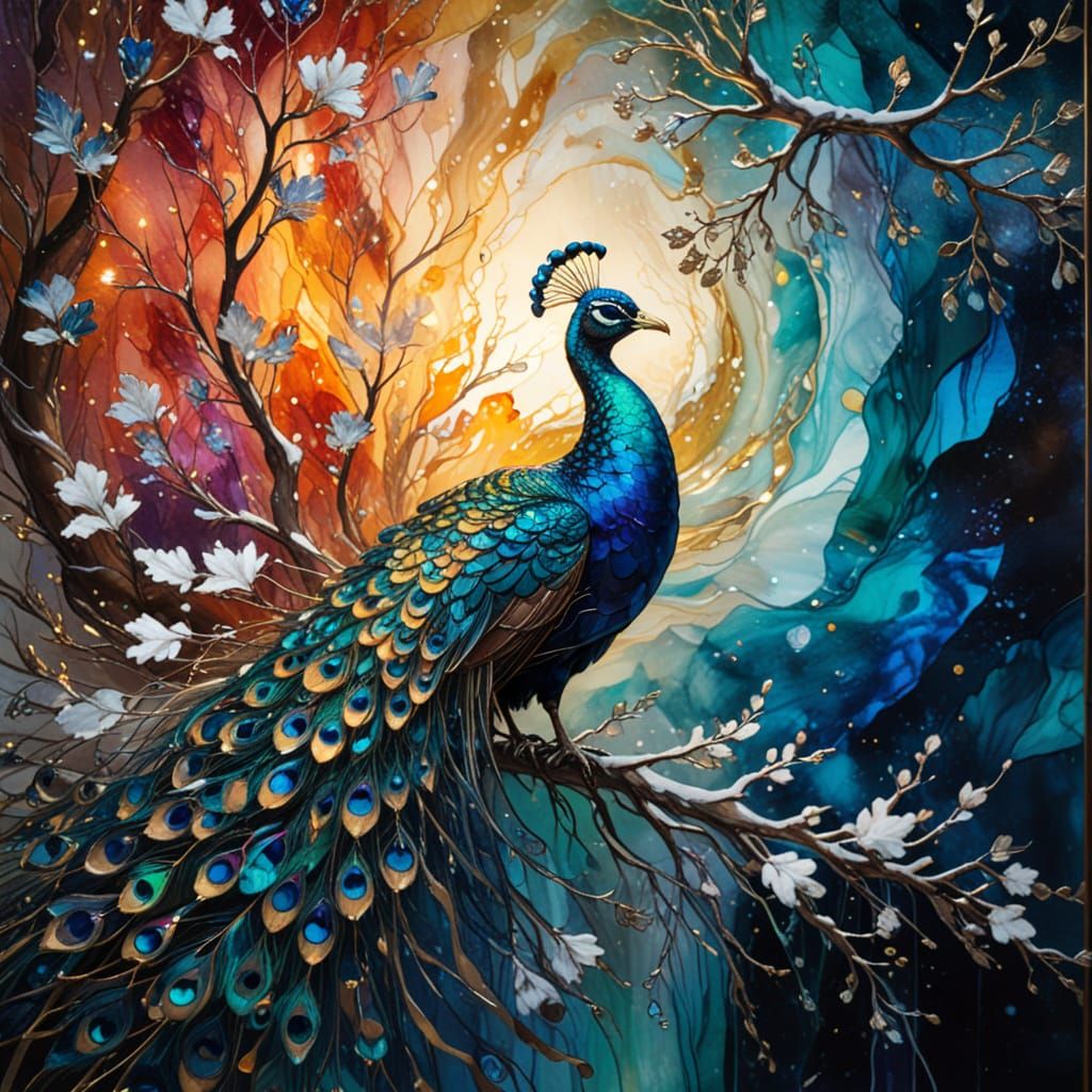Stained Glass Peacock on Snow Branch in Cosmos