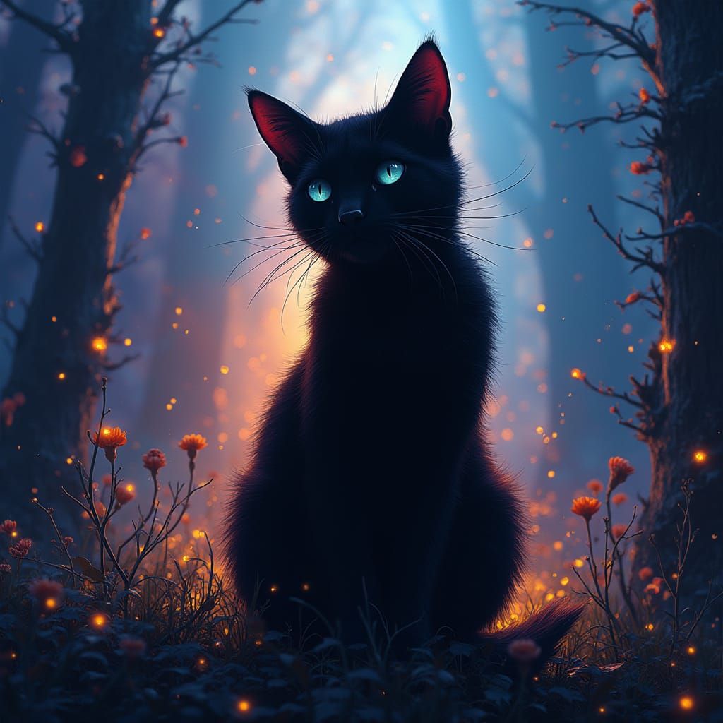L-Shaped Cat Silhouette in Vibrant Fantasy Landscape