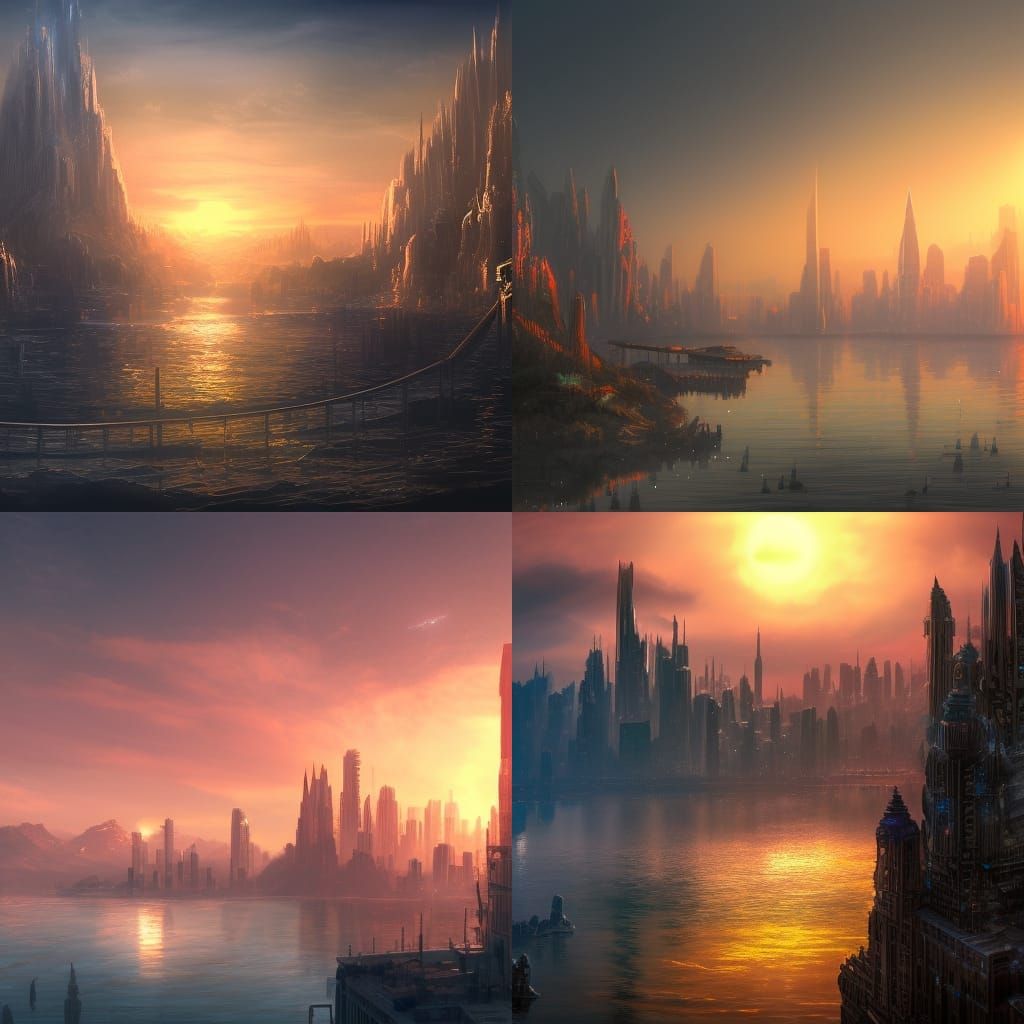 Sunset Cityscape Reflected: Fantasy Concept Art
