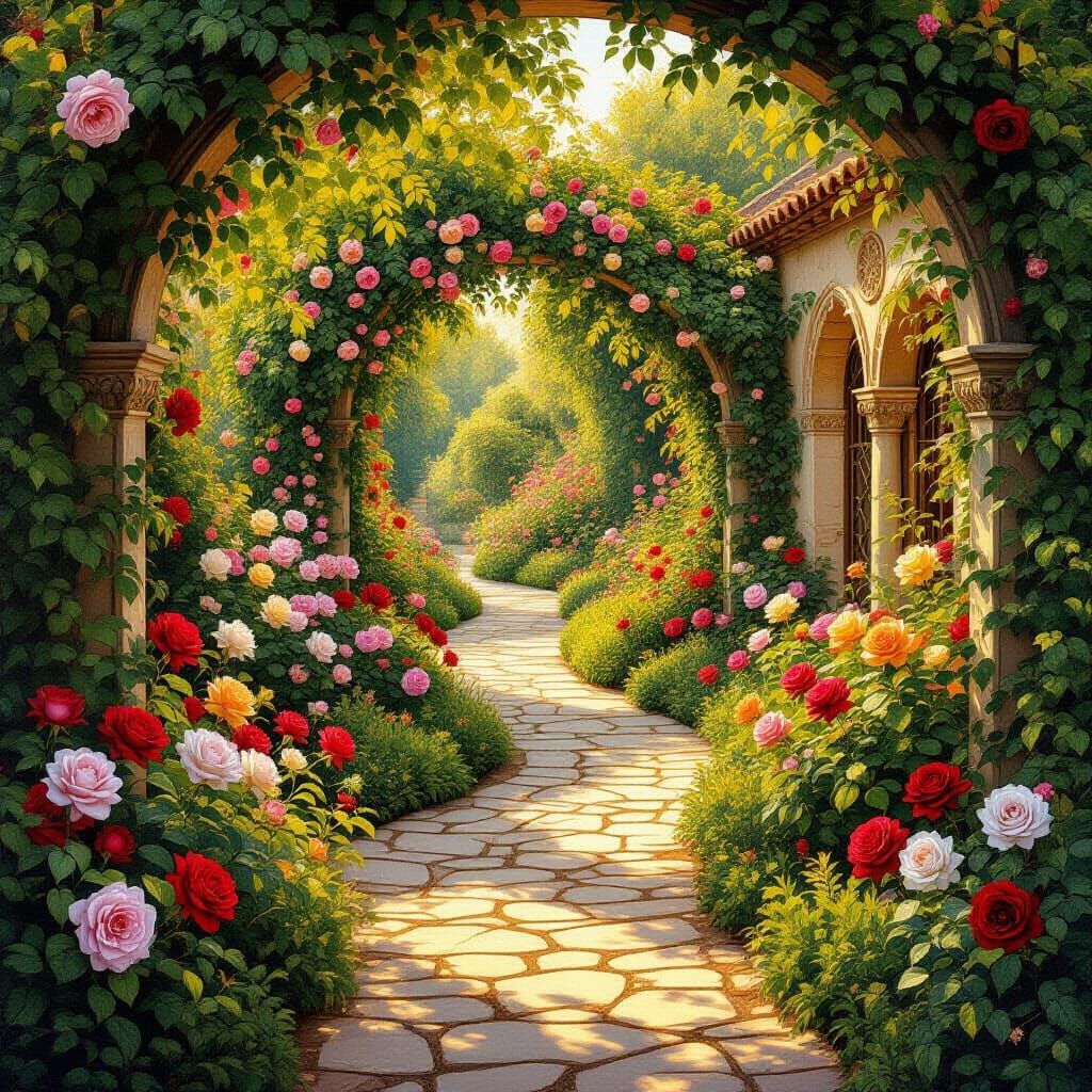 Medieval Garden Path in Pre-Raphaelite Style