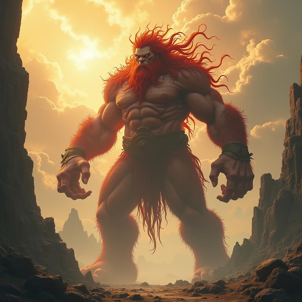 Heroic Red-Haired Giant in Mystical Realm