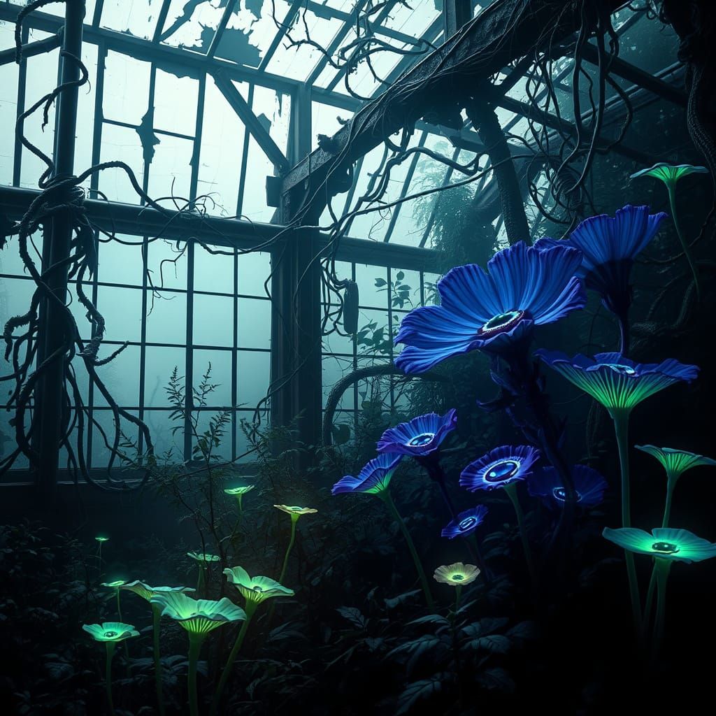 Overgrown Greenhouse with Bioluminescent Fungi