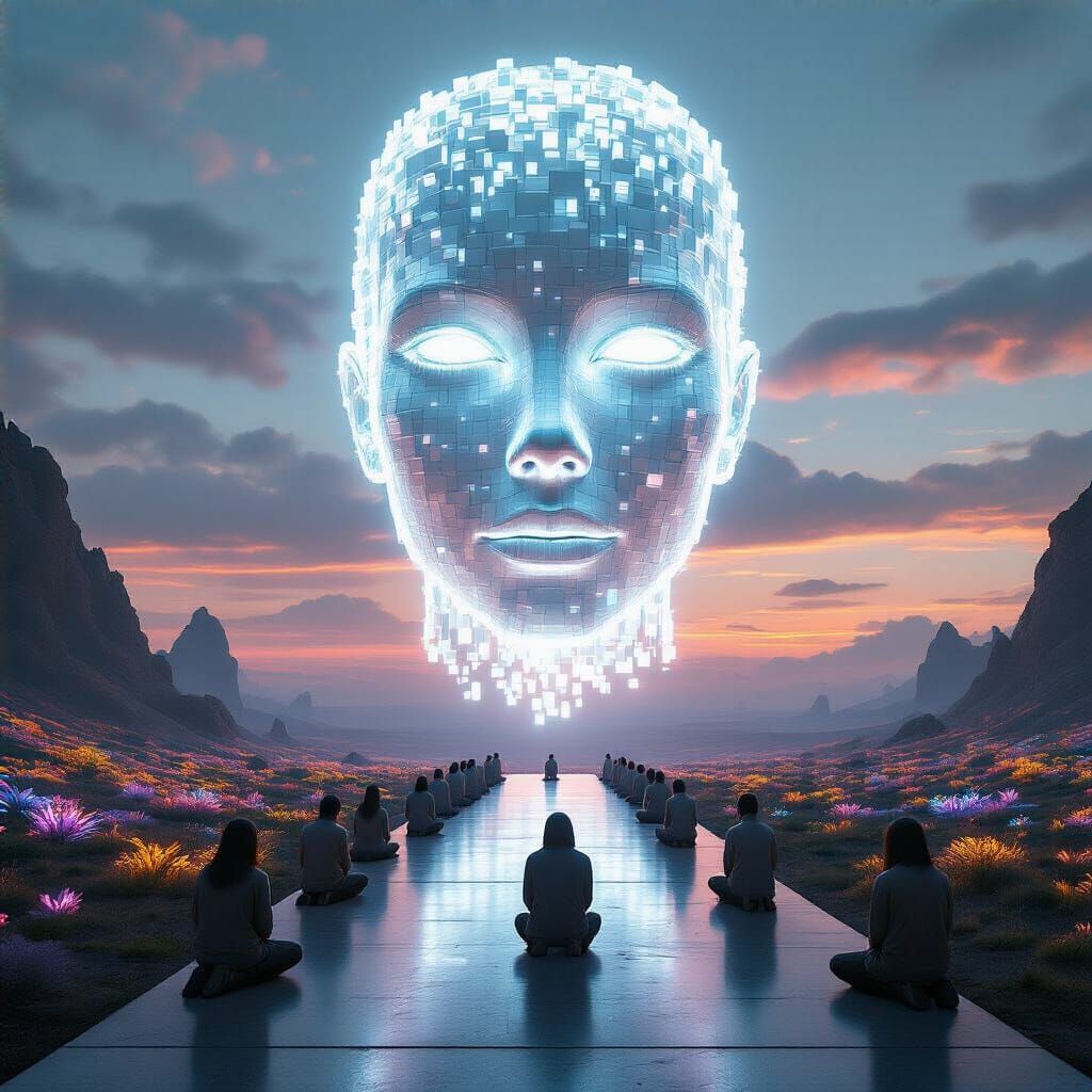 Futuristic Landscape with Holographic Face in Photorealistic...