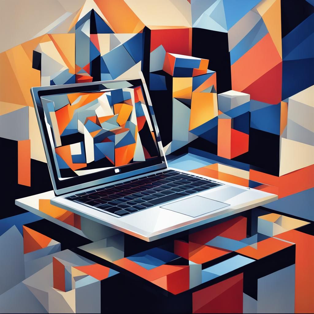 Cubist Laptop and Mouse in Geometric Fauvism Style