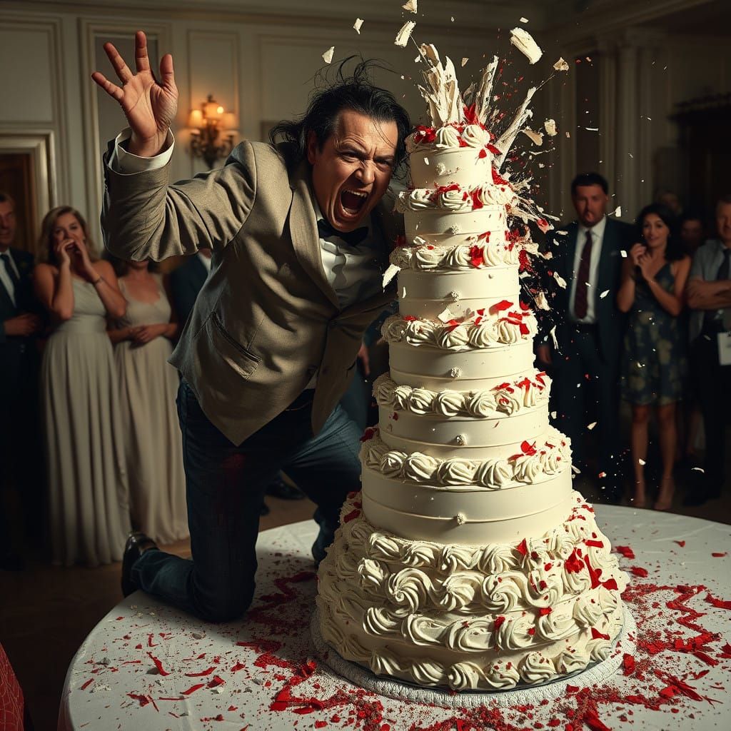 Hyperrealist Depiction of Wedding Cake Destruction