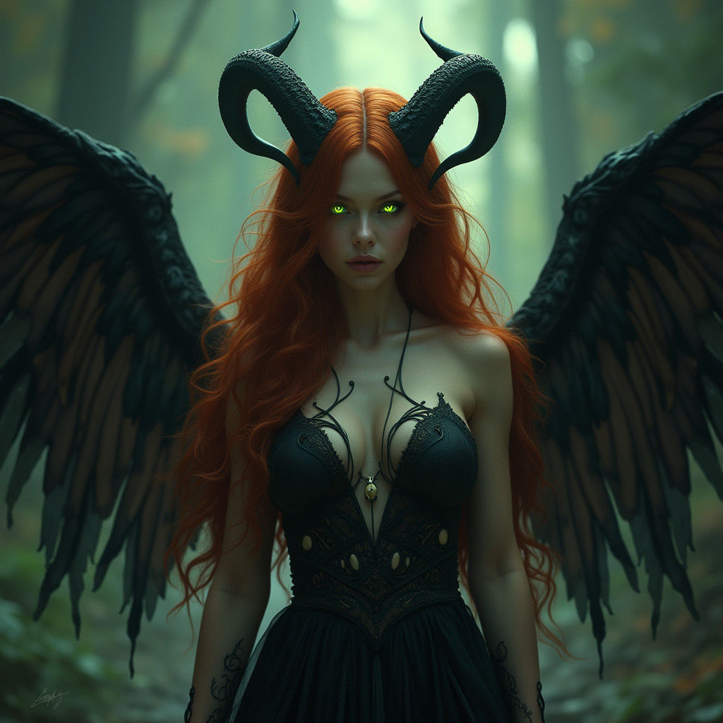 Goddess with Auburn Hair and Black Wings