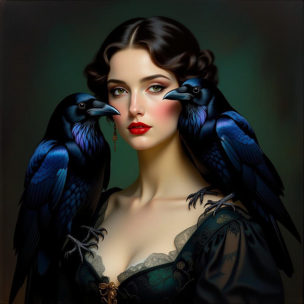 Noble Woman in Shadow with Raven, Moody Symbolism