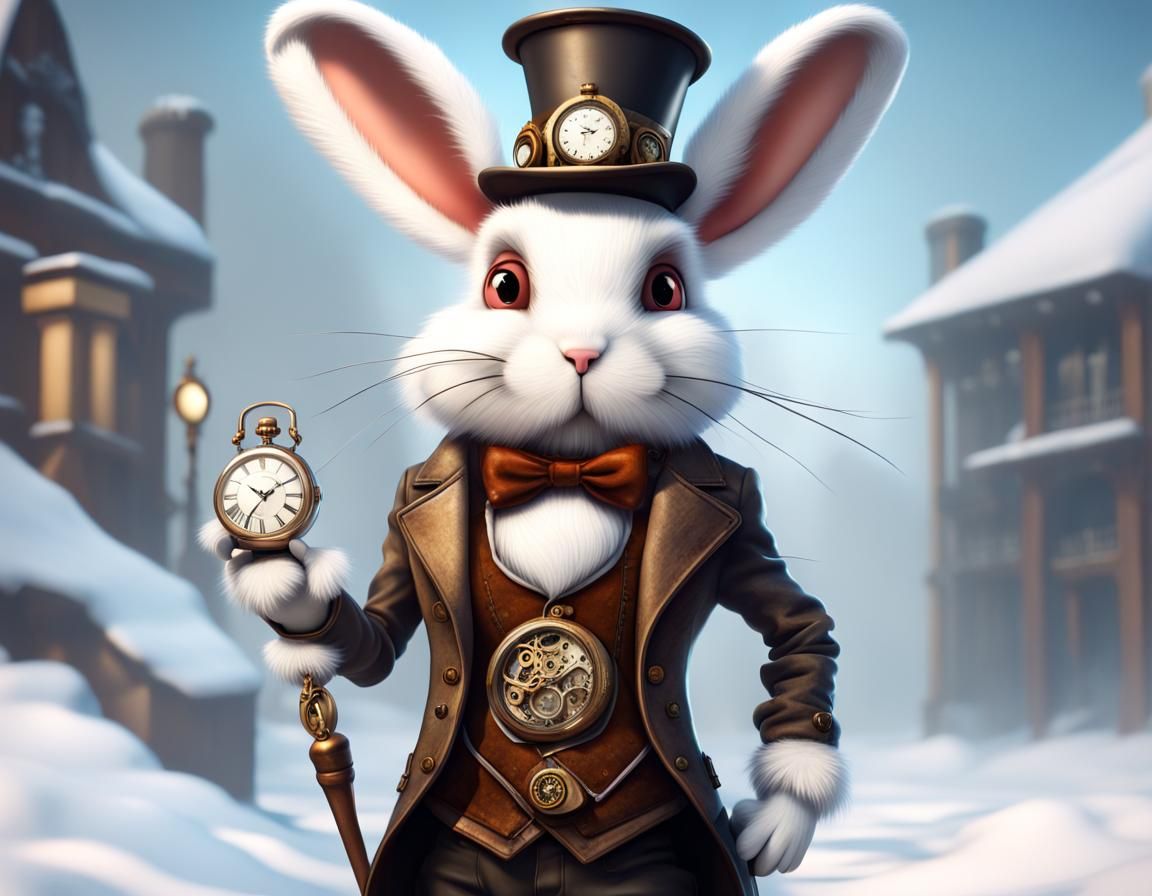 Steampunk Rabbit with Top Hat in Snowy Scene