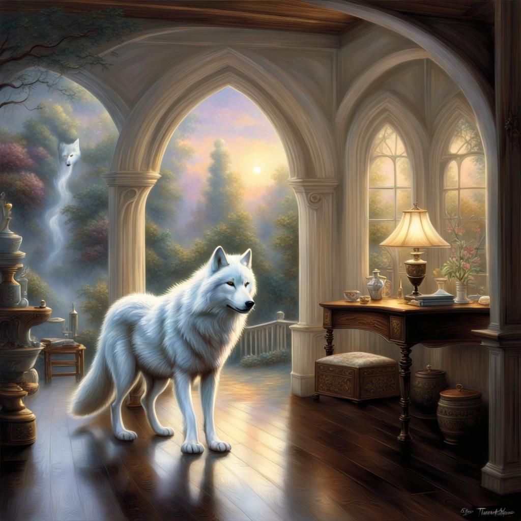 White Wolf in Living Room, Ethereal Fantasy Style