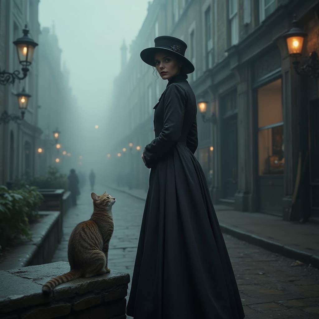 Victorian Woman with Cat in Foggy London Street