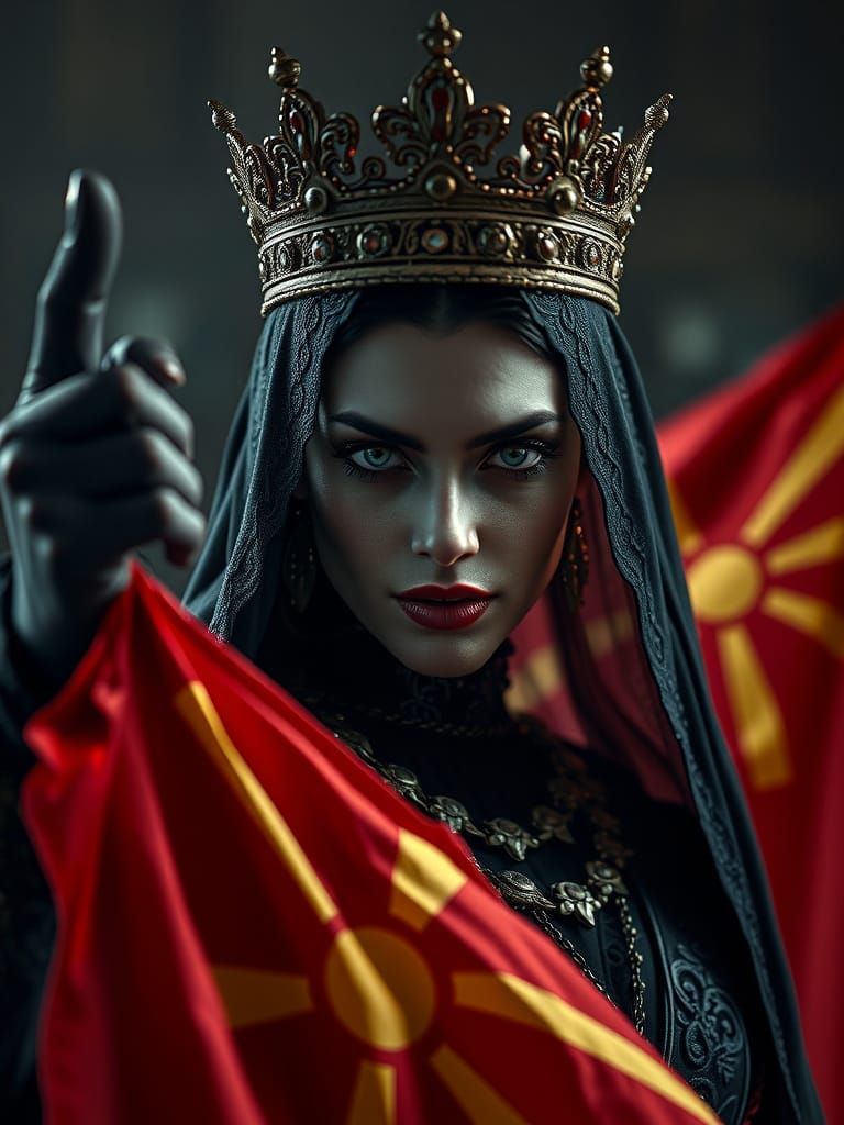 Menacing Vampire Queen Waving Flag in Hyperrealistic Style