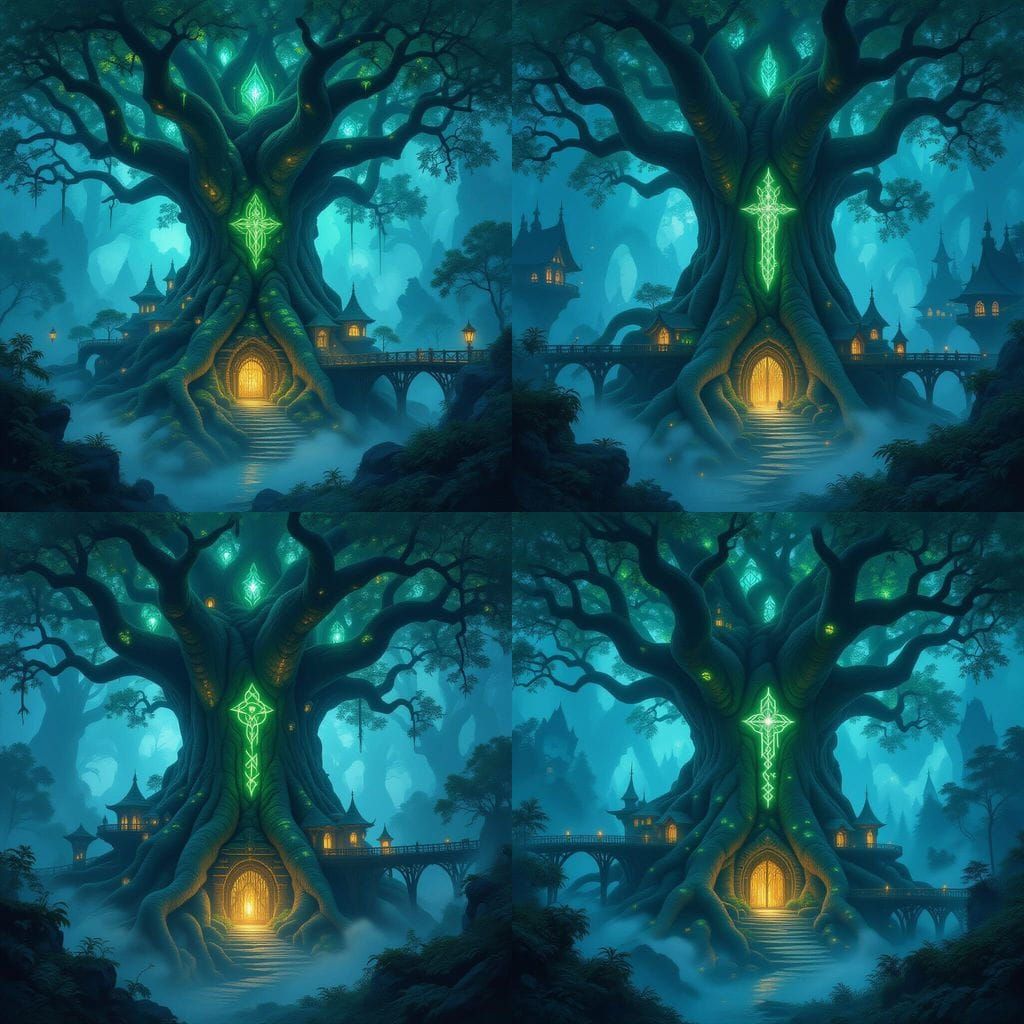 Ancient Tree City: Elven Metropolis in Bioluminescent Forest