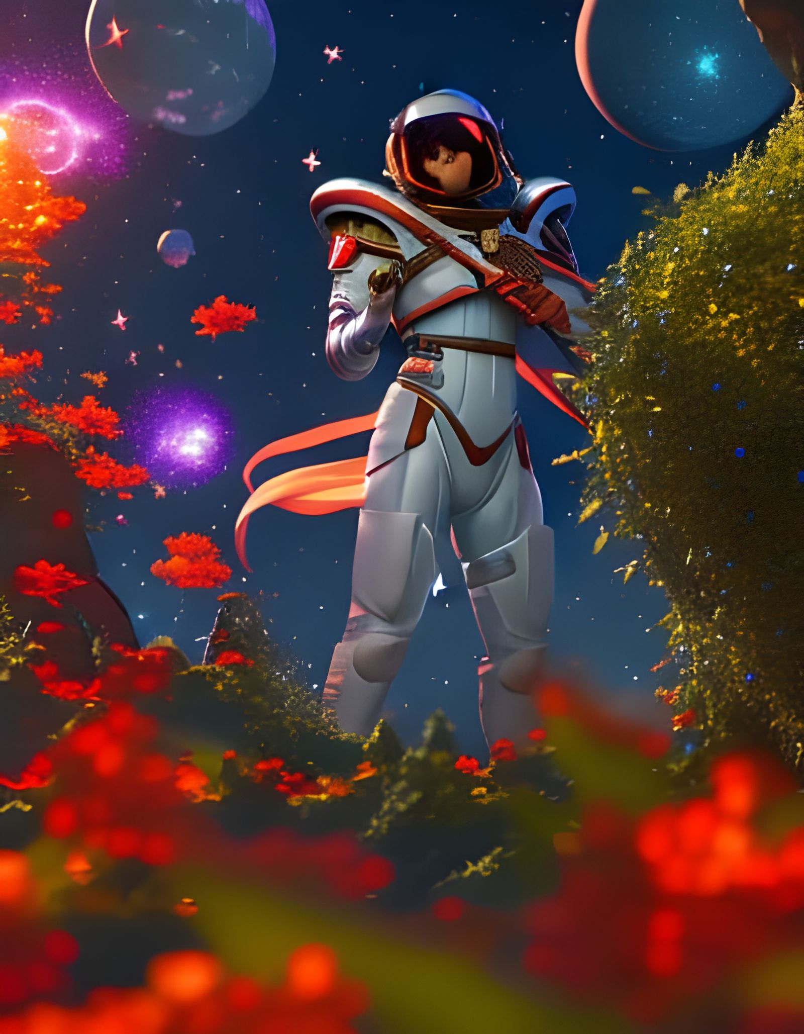 Astronaut on Floral Planet in Art Nouveau Style